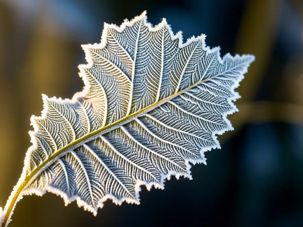 Detalle asombroso de una hoja cubierta de escarcha, con cristales de hielo delicados, iluminada por luz suave