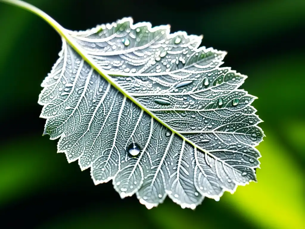 Detalle asombroso de una hoja de higo lira cubierta de rocío matutino