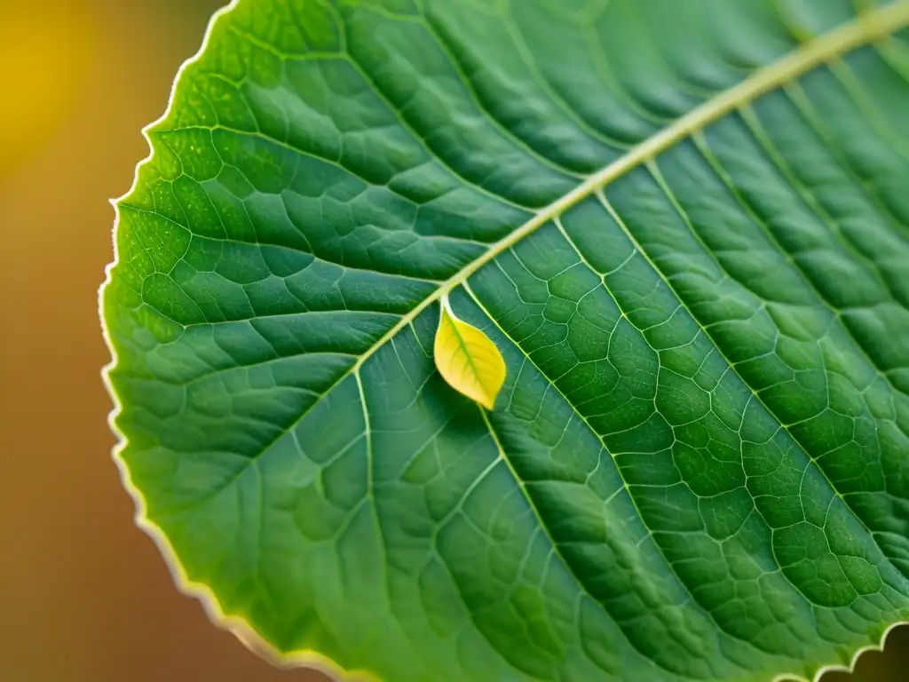 Detalle asombroso de una hoja verde con signos de deficiencia nutricional