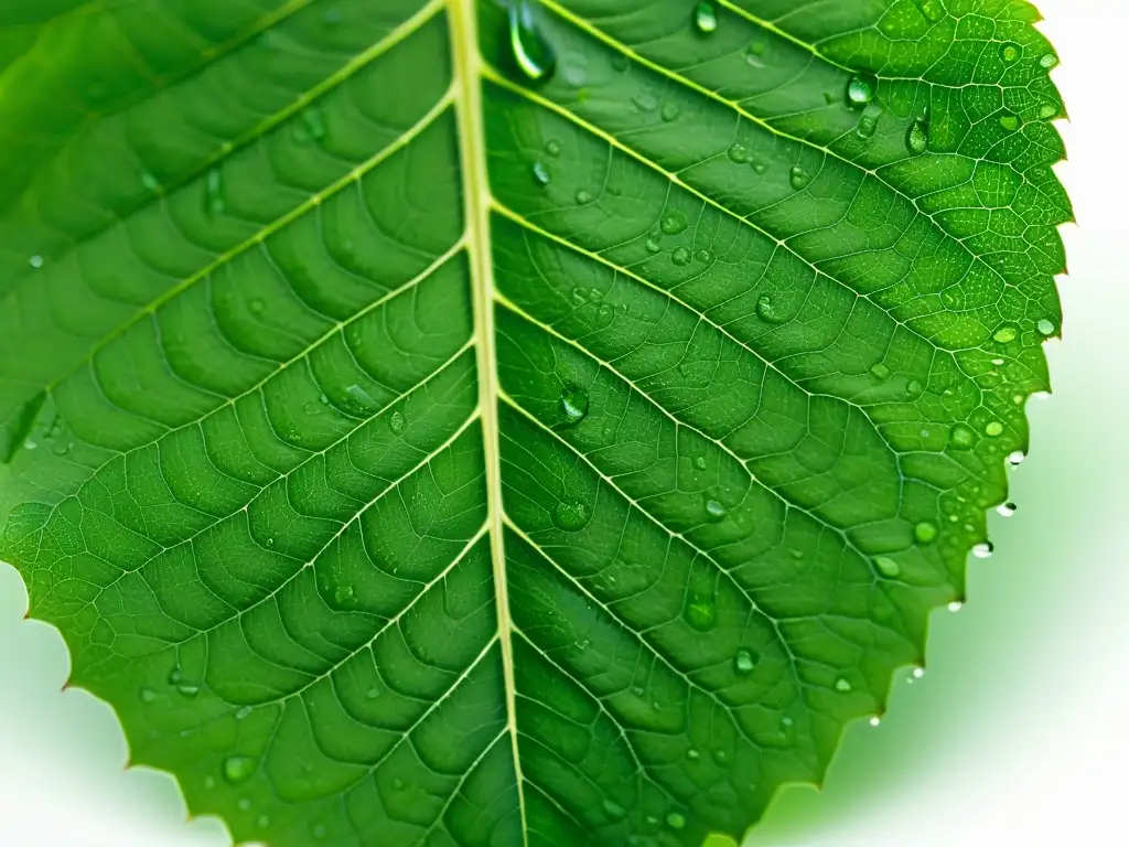 Detalle asombroso de una hoja verde vibrante con delicadas venas y gotas de agua