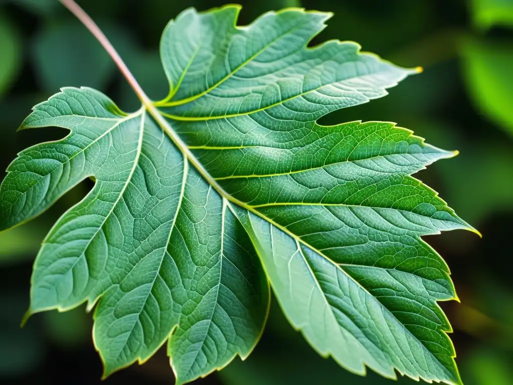 Detalle asombroso de una hoja verde vibrante, revelando la textura de las hojas con luz y sombras