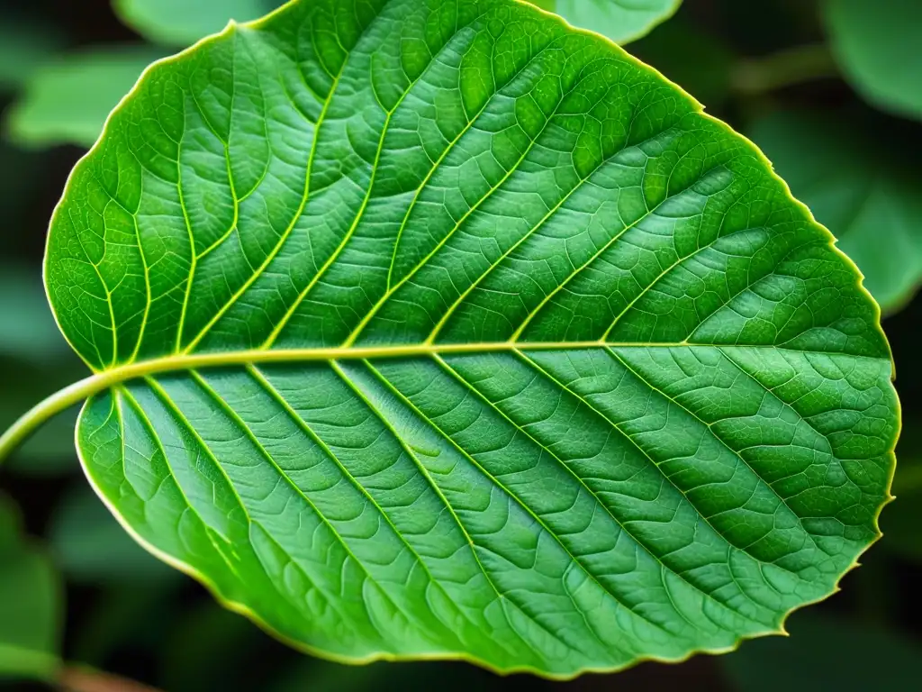 Detalle asombroso de una hoja verde de planta de interior, resaltando su red de venas y textura delicada