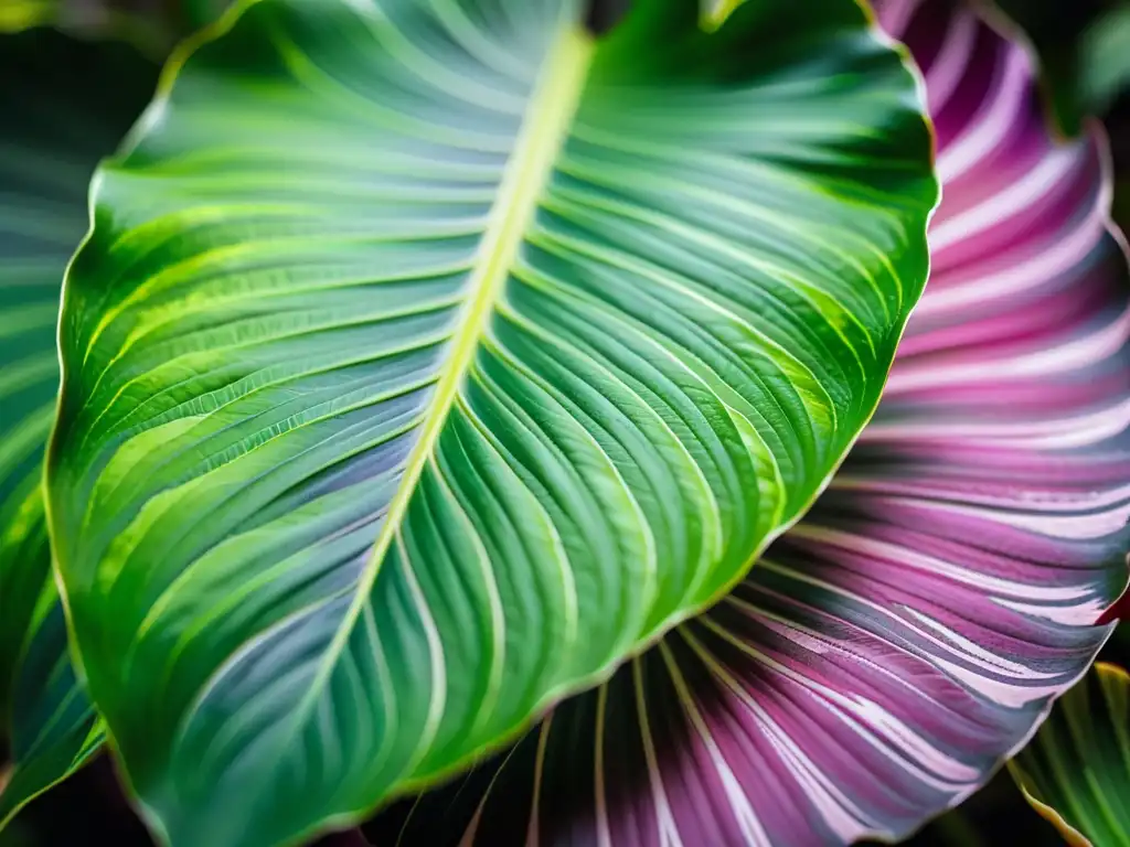 Detalle asombroso de las hojas de Calathea, resaltando su belleza exótica