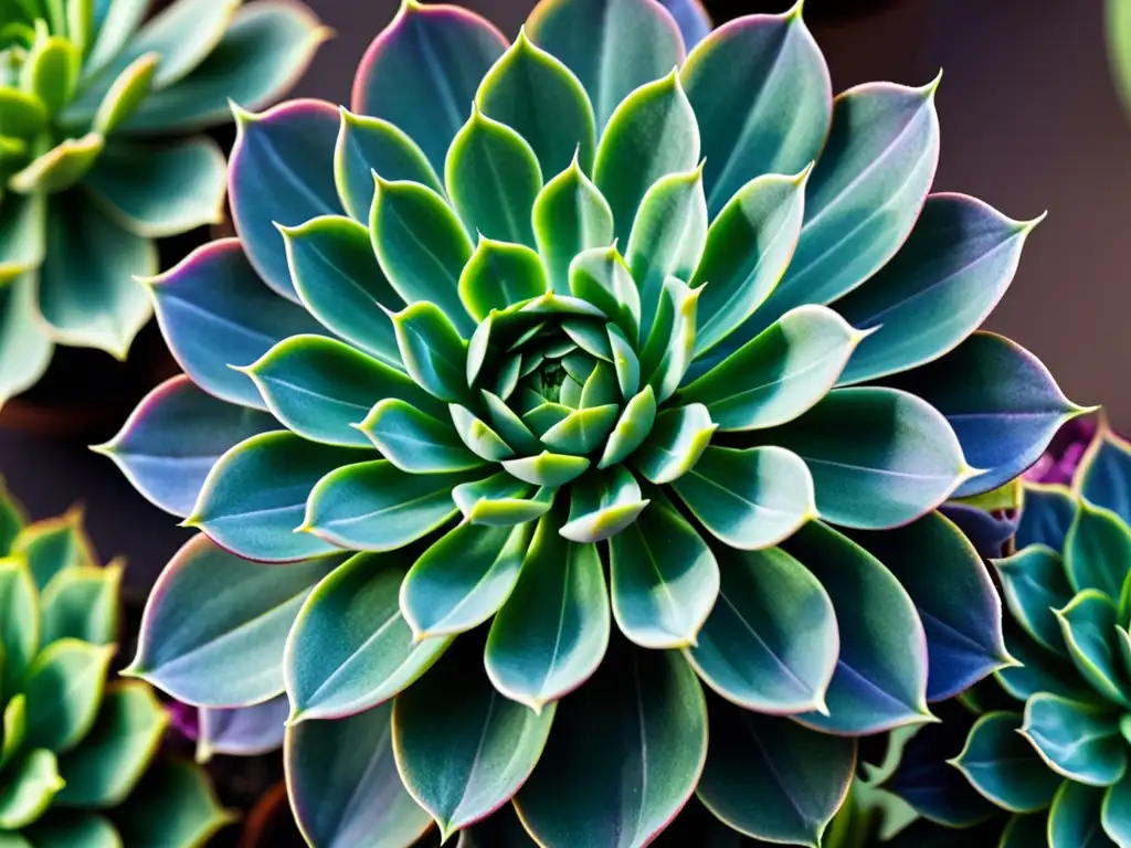 Detalle asombroso de las hojas de una suculenta en macrofotografía, destacando sus patrones y texturas en tonos verdes y morados