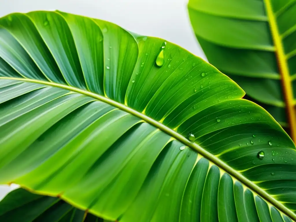 Detalle asombroso de planta tropical verde con hojas brillantes y gotas de agua, creando un ambiente tranquilo