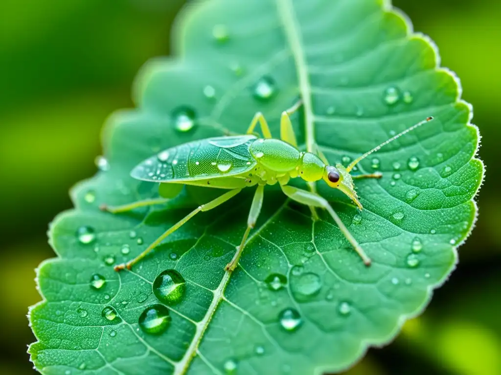 Detalle asombroso de un pulgón verde en una hoja vibrante