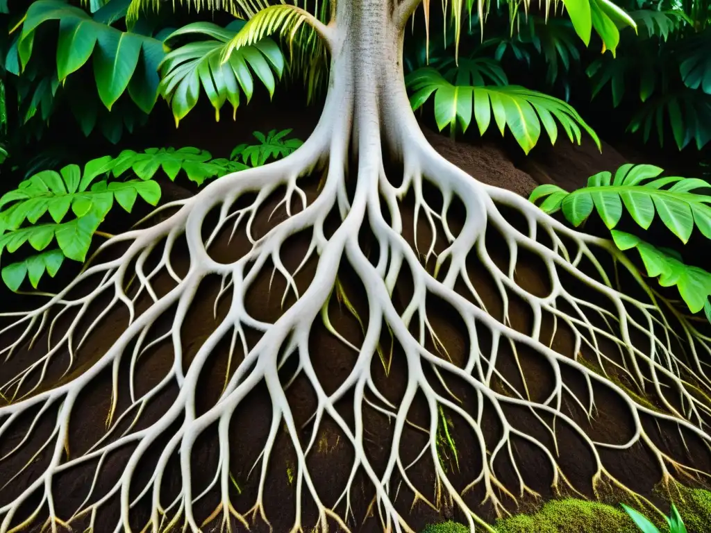 Detalle asombroso de las raíces de una planta tropical, consejos riego eficiente plantas tropicales