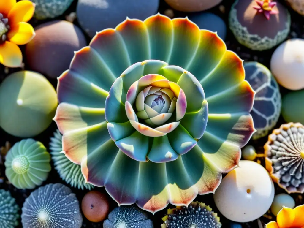 Detalle asombroso de suculenta Lithops fusionándose con rocas