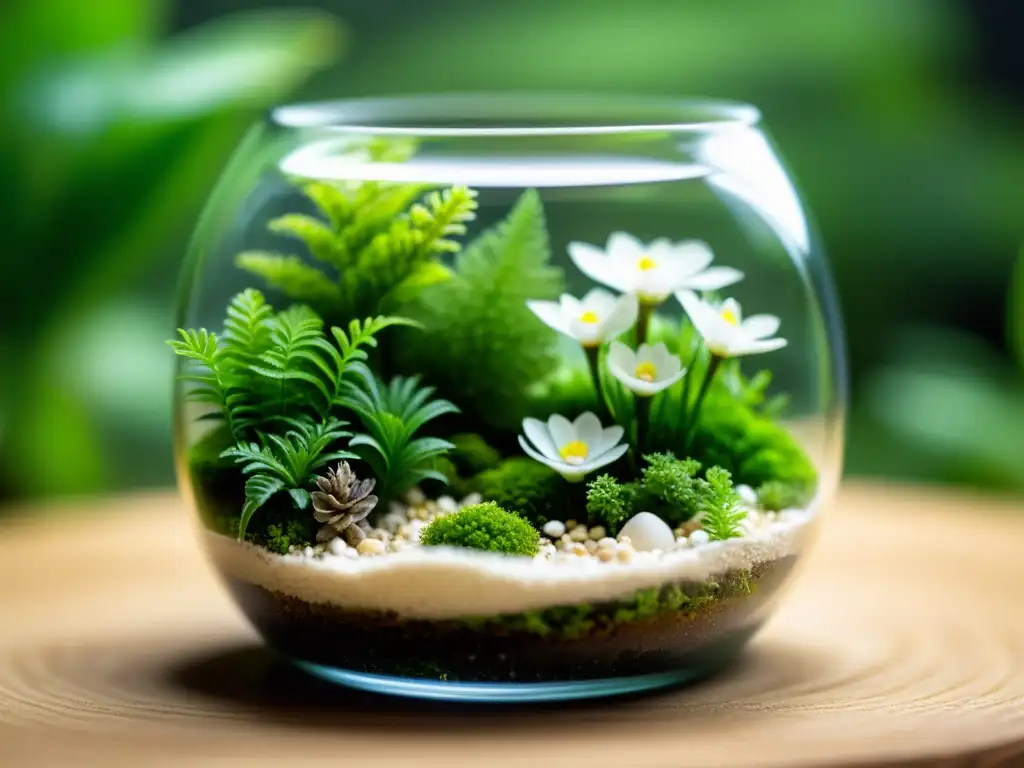 Detalle asombroso de un terrario en miniatura con musgo, helechos y flores blancas