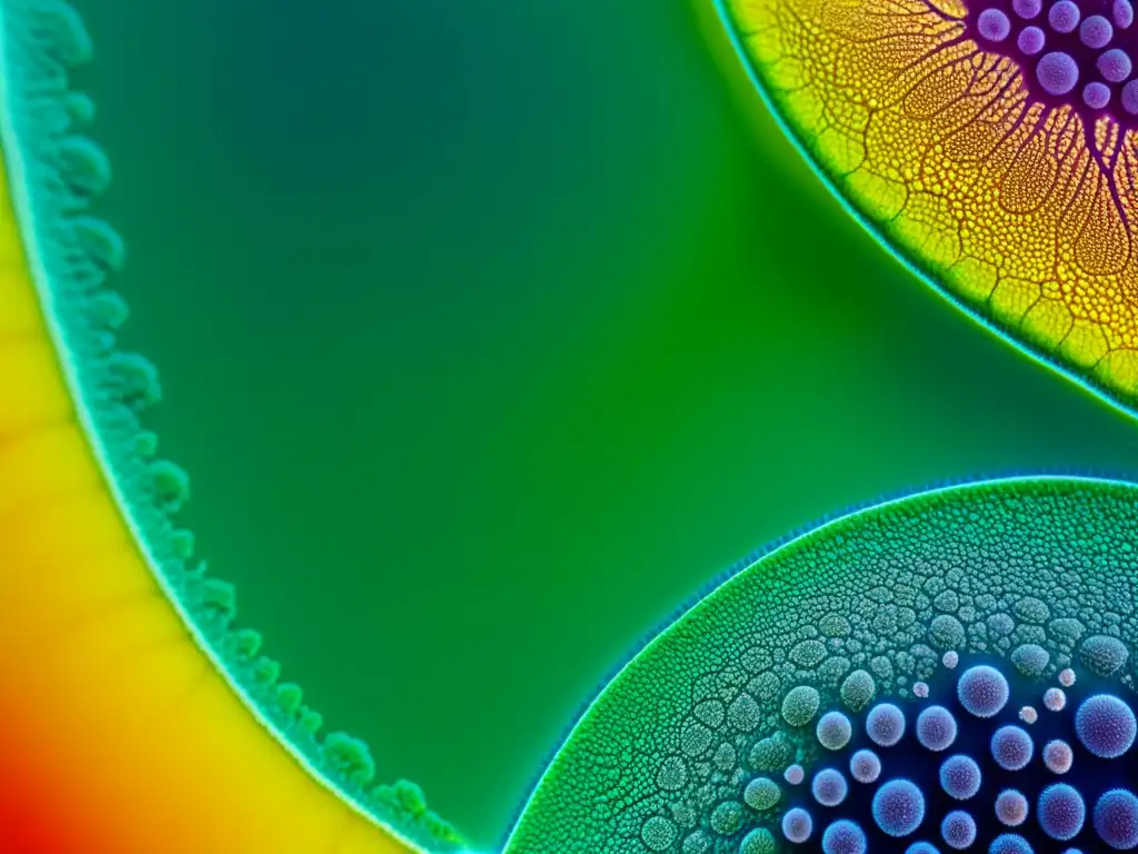 Detalle asombroso de textura de plantas bajo microscopio, con colores naturales y patrones intrincados