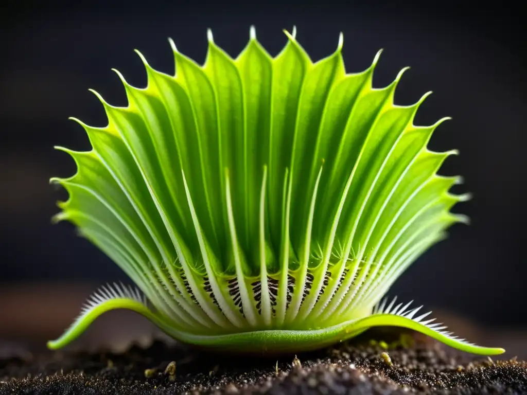 Detalle de una Venus atrapamoscas con sus característicos lóbulos verdes y delicados pelos gatillo, en un fondo oscuro y envolvente