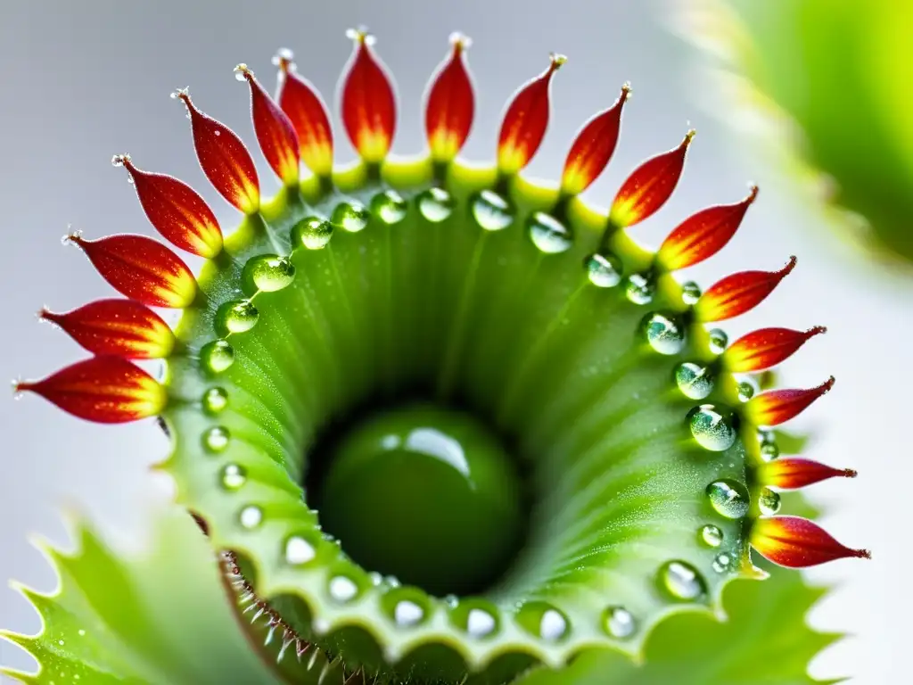 Detalle de la Venus atrapamoscas con gotas de rocío, adaptación plantas carnívoras interiores