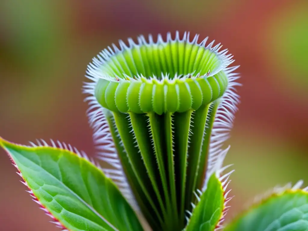 Detalle de una Venus atrapamoscas verde vibrante con sus trampas abiertas, destacando su estructura sensible