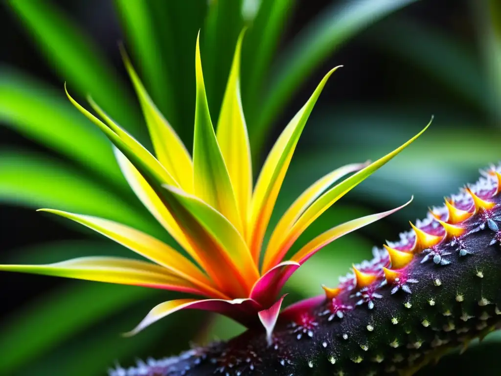 Detalle de una bromelia exuberante en la rama de un árbol