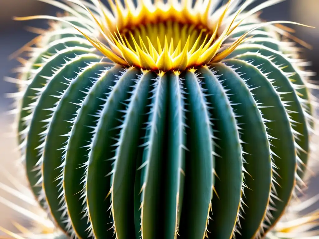 Detalle de un cactus dorado en contraste con fondo blanco, perfectamente simétrico