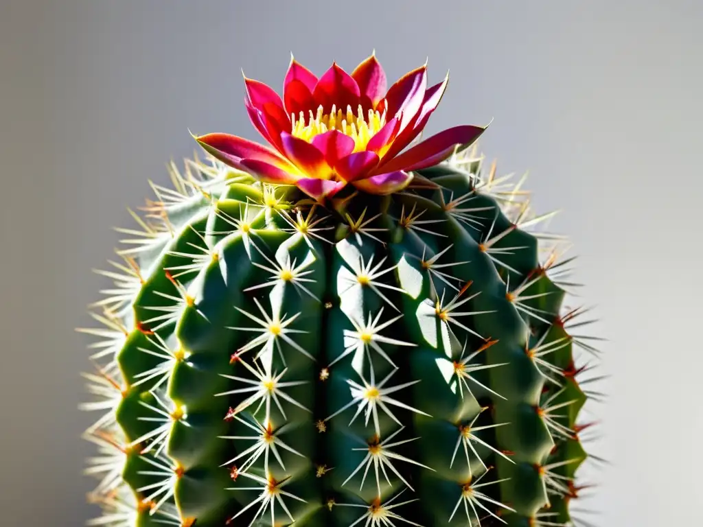 Detalle de un cactus exótico para interiores, con patrones geométricos y espinas definidas, bañado en luz natural sobre fondo blanco