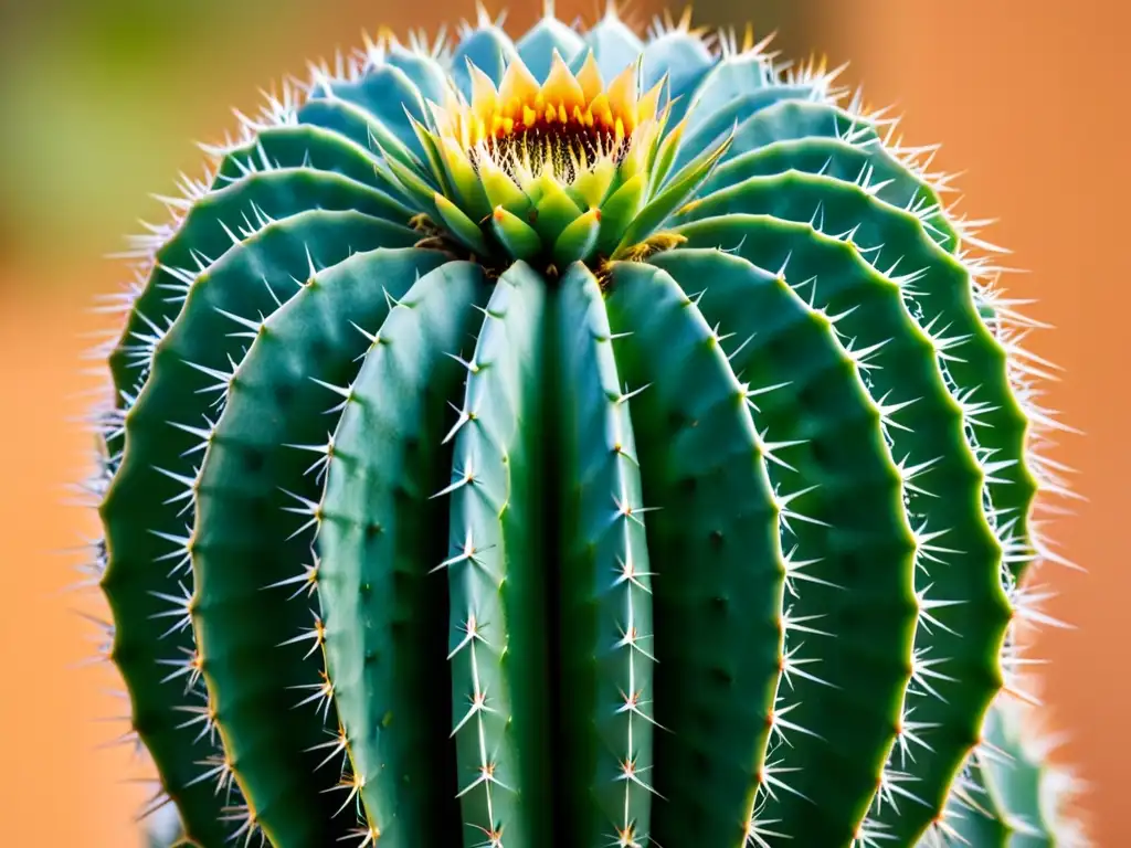 Detalle de un cactus exótico con patrones vibrantes y espinas geométricas