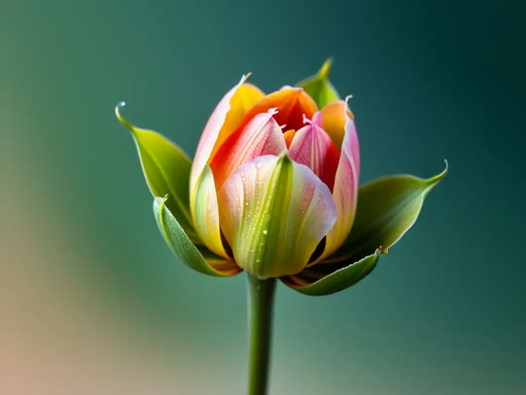 Detalle de un capullo de flor con delicados pétalos, sutiles gradientes de color y gotas de agua, en una fotografía de crecimiento de plantas