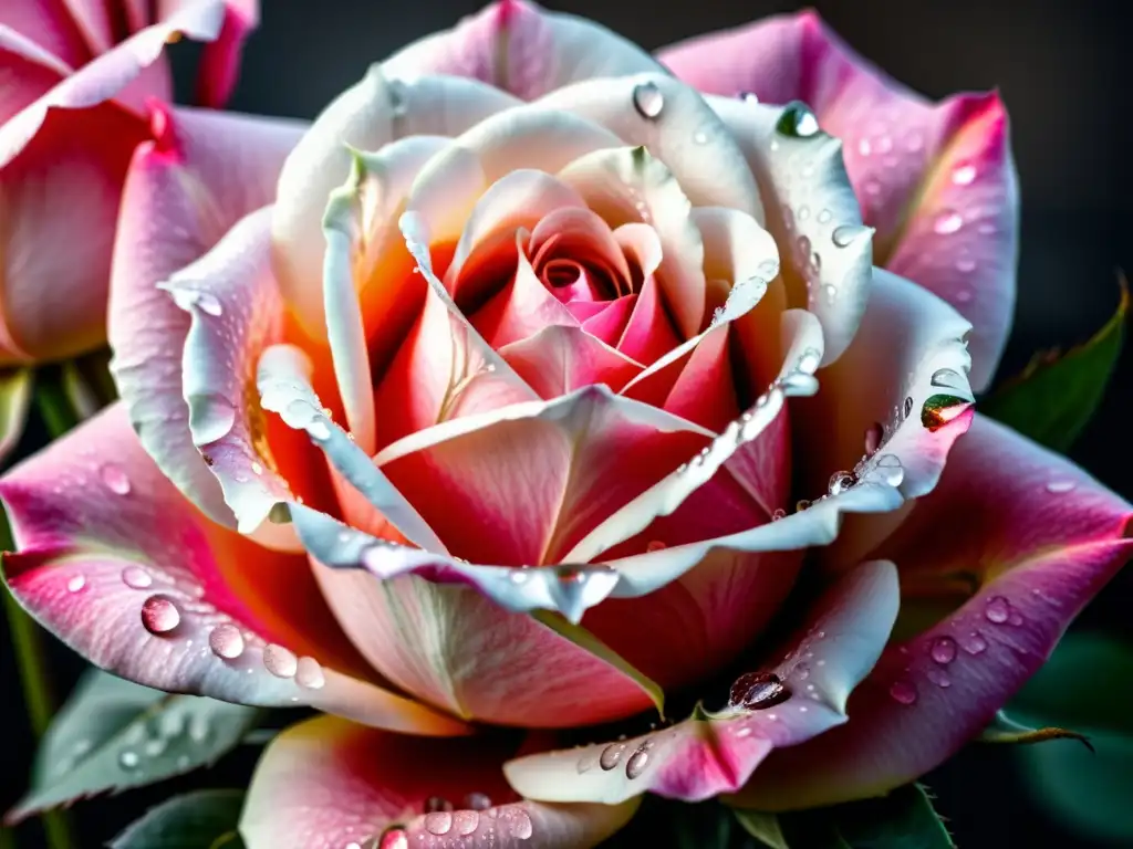 Detalle de un capullo de rosa rosa con gotas de agua, resaltando la importancia del riego en la floración de plantas de interior