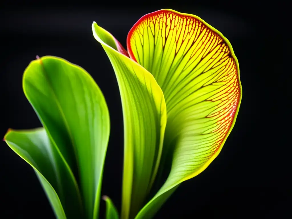 Detalle ultrarresolución planta carnívora en terrario, exótica y vibrante, con patrón de hojas y néctar