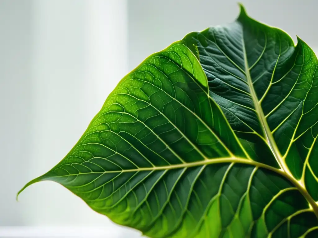 Un detalle cercano de una exuberante planta de interior con patrones intrincados en sus hojas, resaltando su belleza natural