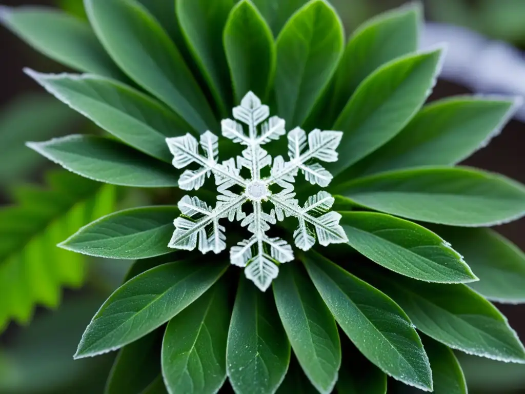 Detalle de un copo de nieve sobre hojas verdes, creando contraste entre lo frío y lo cálido