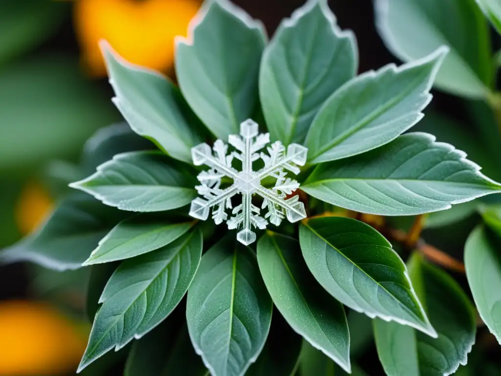 Detalle de un copo de nieve sobre hojas verdes, resaltando la belleza de jardines de interior con plantas de clima frío