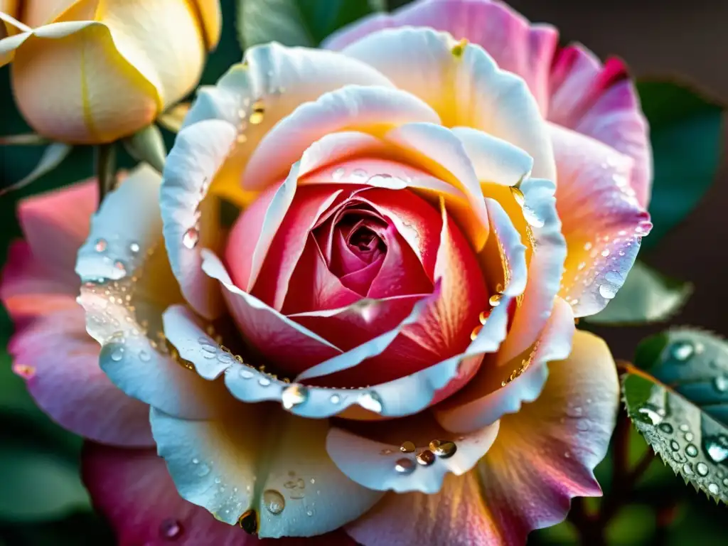 Detalle de pétalo de rosa cubierto de rocío, reflejando el jardín