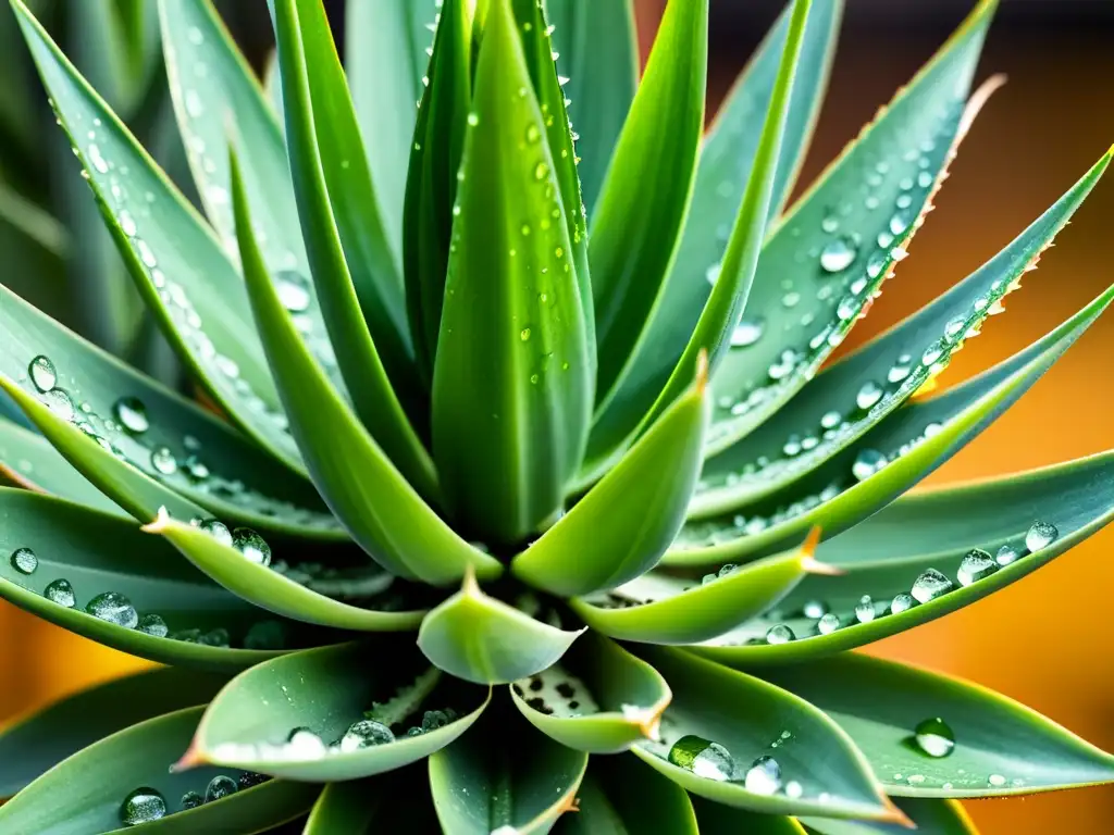 Detalle de cultivo de aloe vera en casa: hojas verdes, gotas de agua y luz solar crean una imagen de belleza natural y tranquilidad