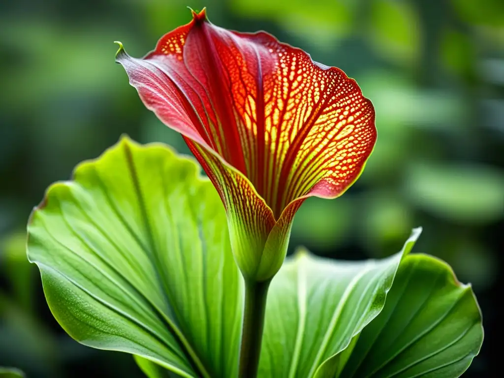 Detalle de cultivo Sarracenia planta jarra con hojas enrojecidas y venas, destacando belleza única de esta planta carnívora