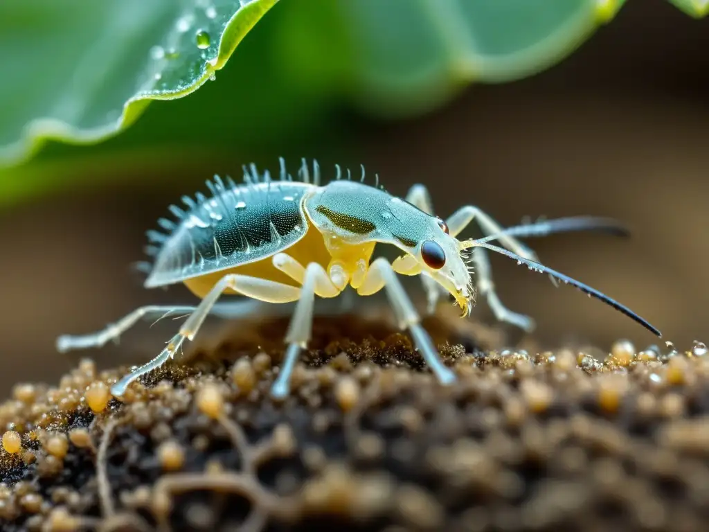 Detalle de depredador Hypoaspis miles en suelo húmedo