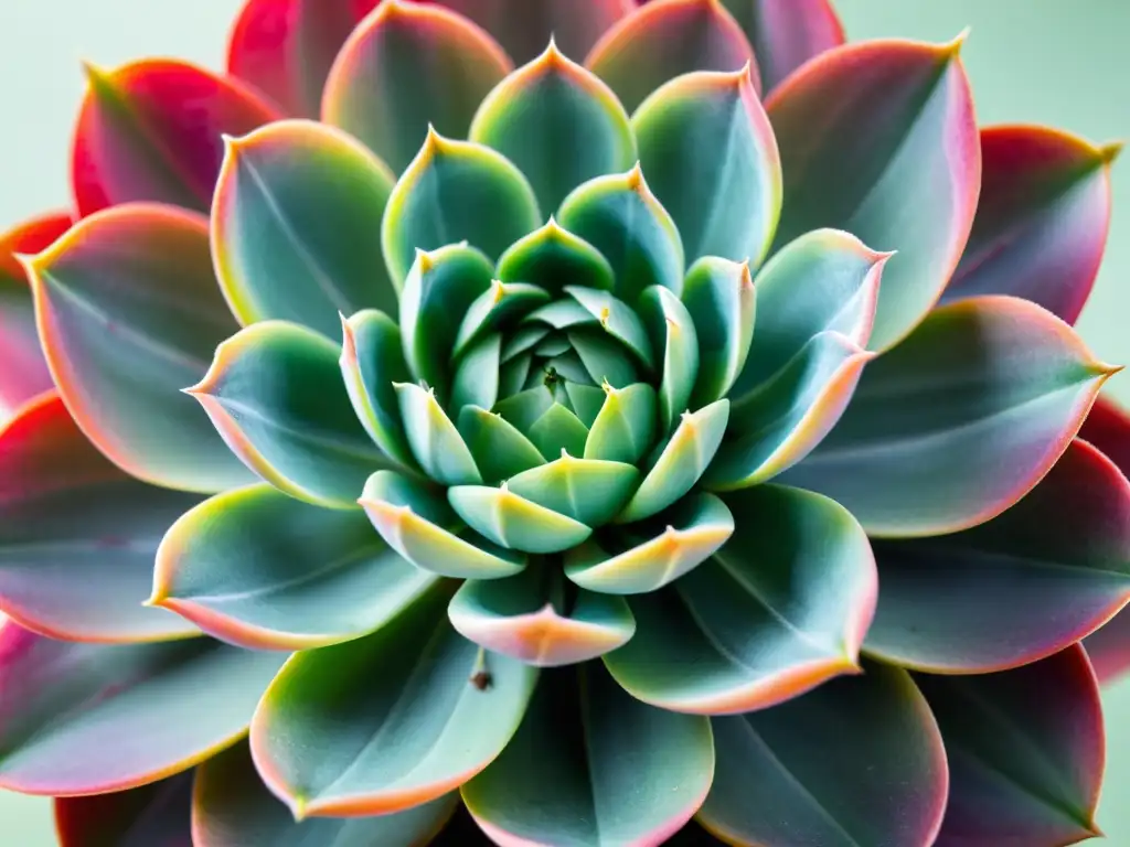 Detalle de Echeveria exótica con hojas geométricas en tonos verde menta, rosa y lila