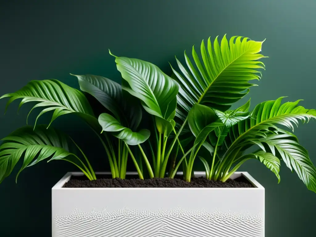 Detalle de una elegante maceta blanca con tierra oscura y exuberantes plantas de interior