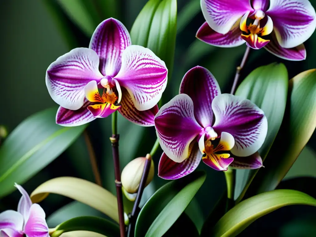 Detalle excepcional de una exótica orquídea en tonos de rosa, morado y blanco, resaltando su belleza natural