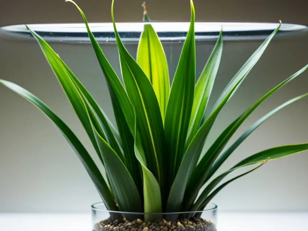 Detalle de exitosa propagación de Sansevieria con raíces visibles en agua