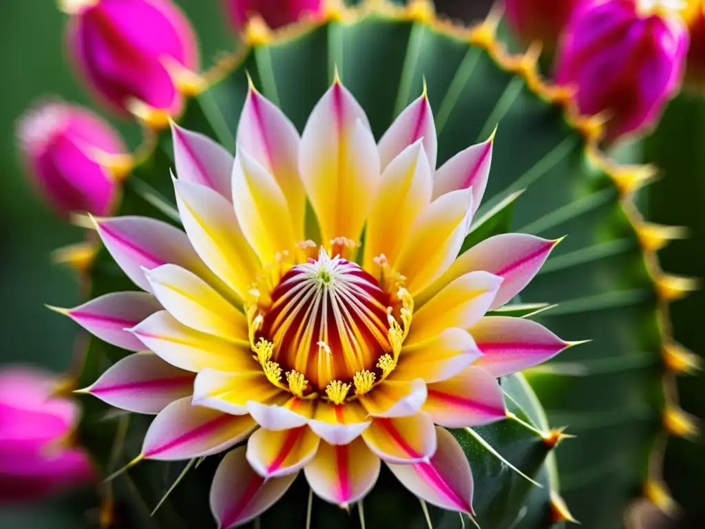 Detalle de una exótica flor de cactus Echinopsis rosa y amarilla, con patrones delicados y texturas intrincadas