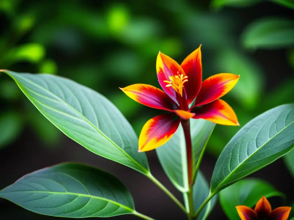 Detalle de la exótica 'planta de fuego' con pétalos rojos y naranjas rodeada de exuberante follaje verde