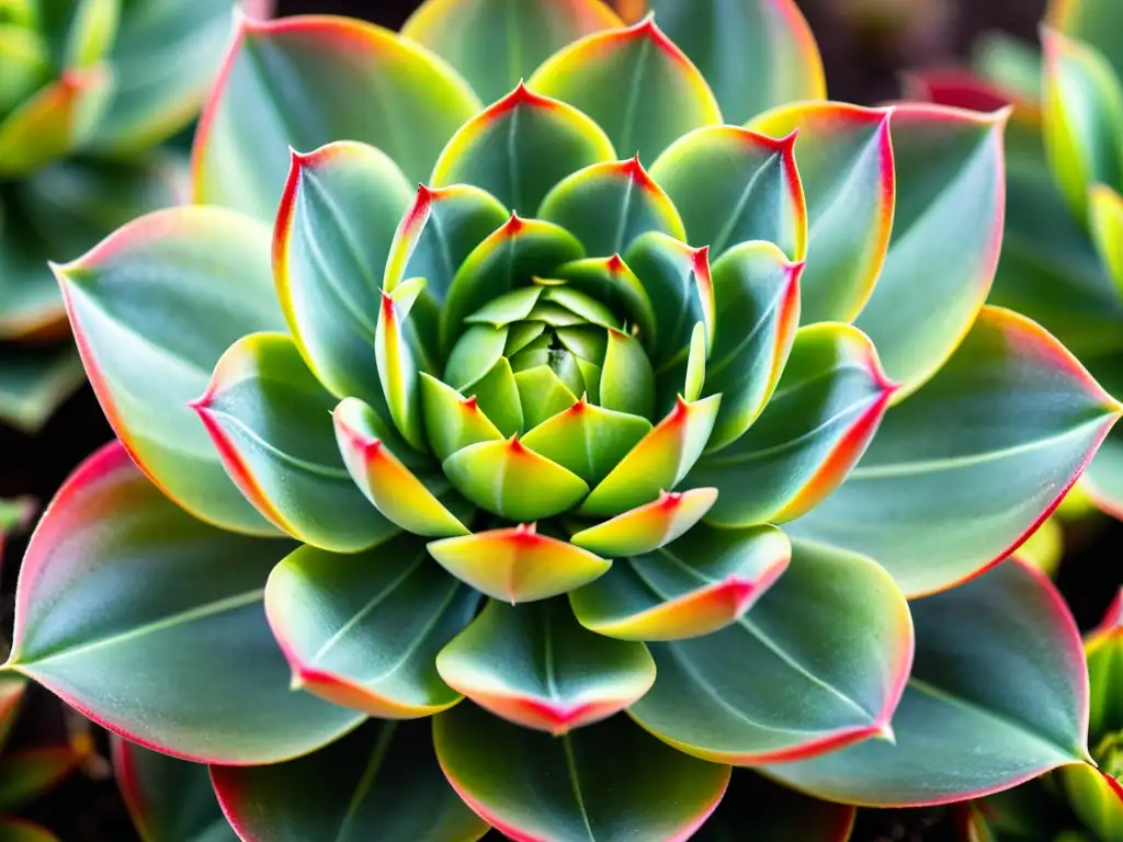 Detalle de la exótica suculenta Echeveria agavoides 'Lipstick' con hojas verde lima y puntas rojas