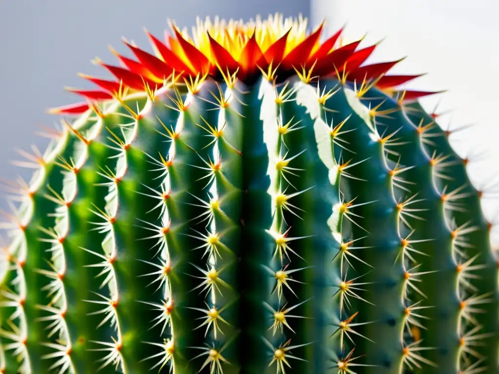 Detalle de un cactus exótico vibrante en un fondo blanco, resaltando su belleza única y patrones intrincados