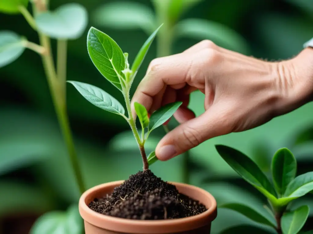 Detalle de expertos injertos en plantas de interior, manos cuidadosas trabajando con precisión en una planta exuberante