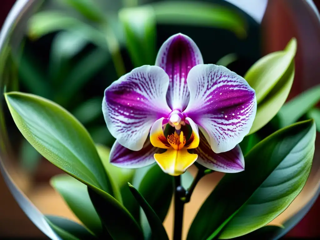 Detalle de una exquisita orquídea en terrario, evocando elegancia y tranquilidad