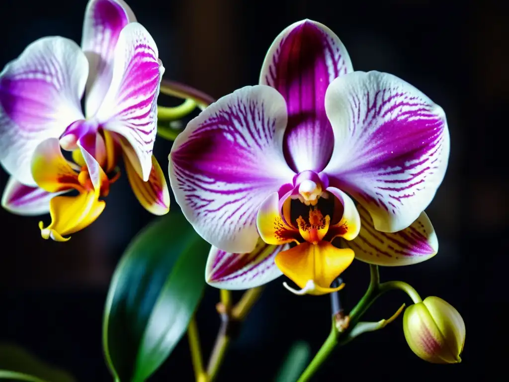 Detalle de una exquisita orquídea Phalaenopsis en tonos de rosa, blanco y amarillo