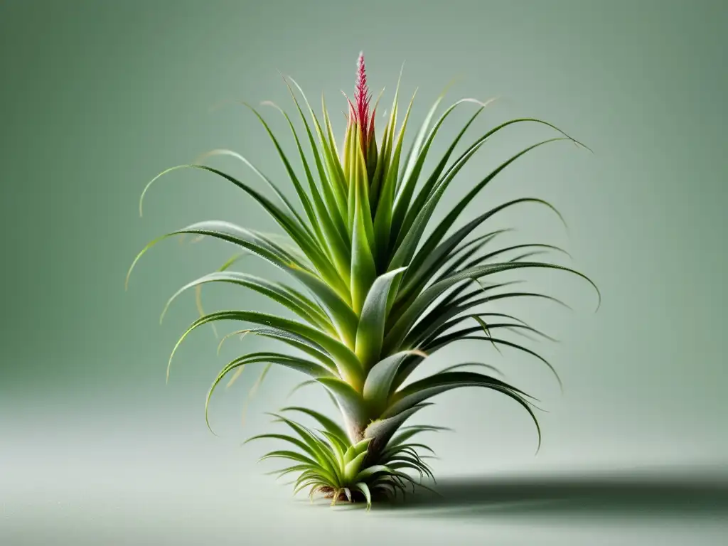 Detalle de la exquisita planta Tillandsia, con hojas plateadas y tricomas delicados, resaltando su textura única