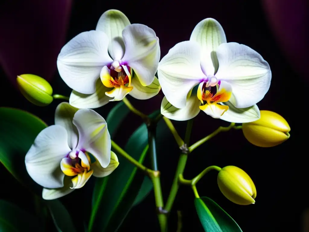 Detalle de las exquisitas hojas y flores de orquídeas exóticas, con patrones y texturas vibrantes, delicadas venas y colores cautivadores