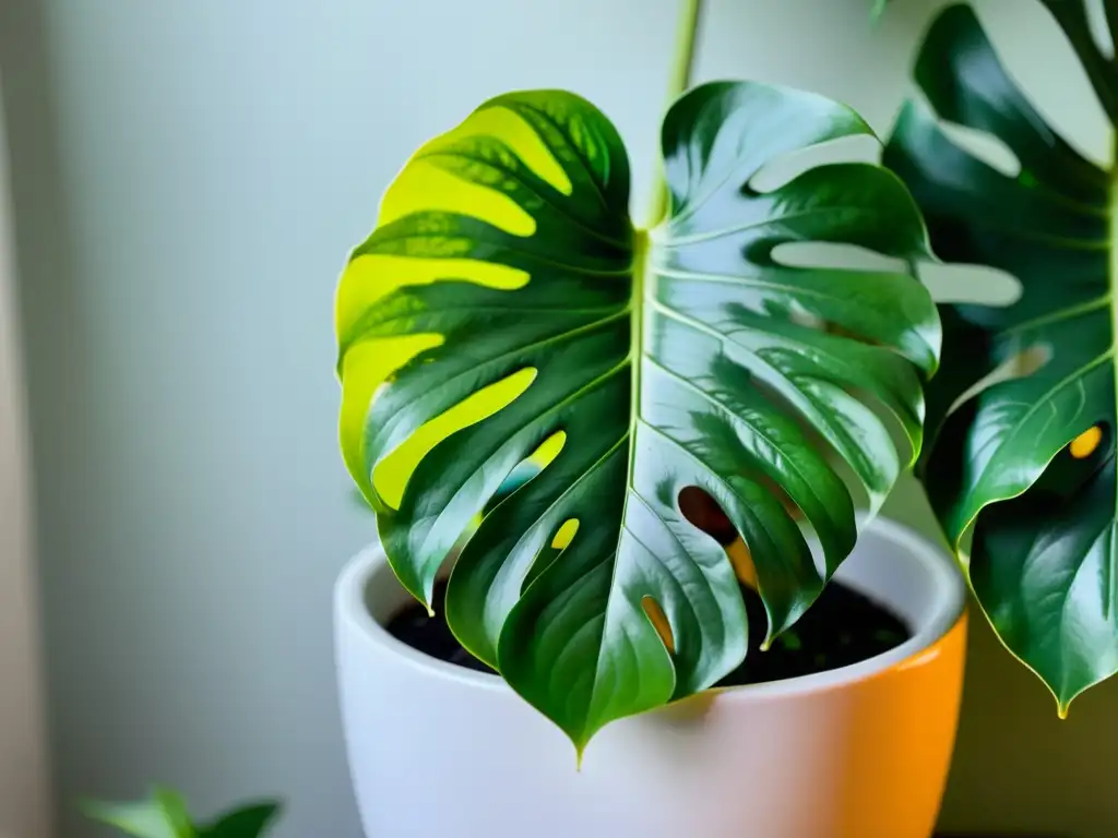 Detalle exquisito de una exuberante planta monstera en maceta blanca, reflejando cuidado y crecimiento en interiores