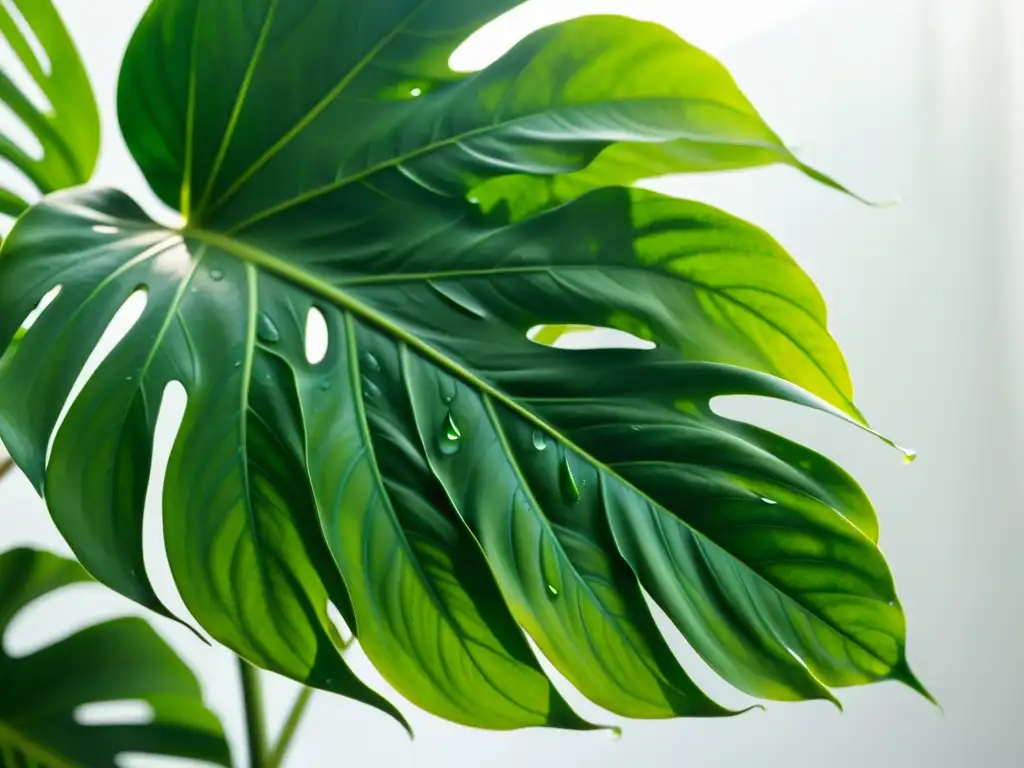 Detalle exquisito de una exuberante planta monstera verde, con patrones intrincados en las hojas, en un fondo blanco