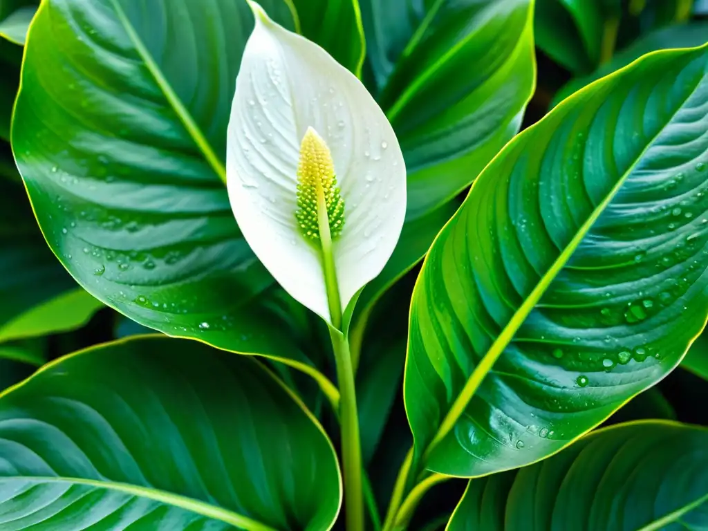 Detalle exquisito de una exuberante planta lirio de la paz con hojas brillantes