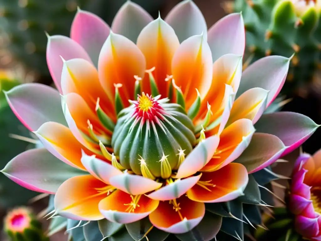 Detalle exquisito de una flor de cactus Gymnocalycium en tonos rosa y naranja, resaltando su belleza natural