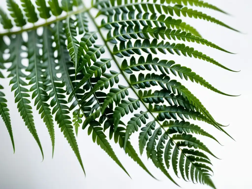 Detalle exquisito: helecho verde exuberante con gotas de agua Detalle exquisito de helecho verde exuberante, con gotas de agua, sobre fondo blanco