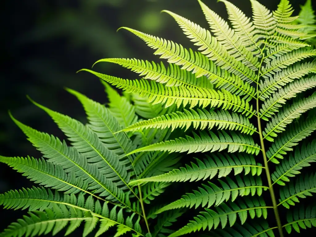 Detalle exquisito de helechos verdes vibrantes en un ambiente sombrío